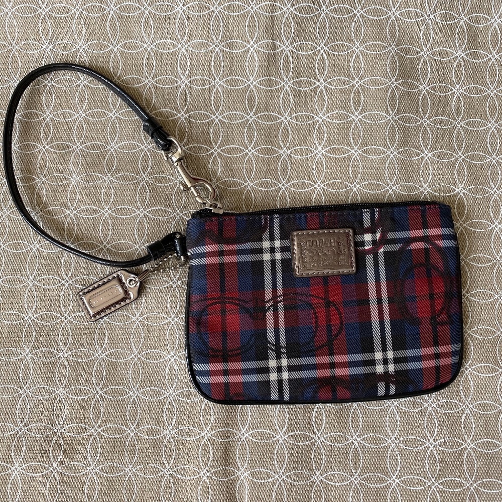 Coach Poppy Red Tartan Plaid Wristlet